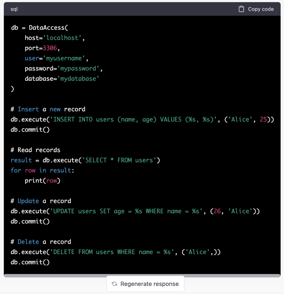 Python Data Access Class Methods Written By ChatGPT